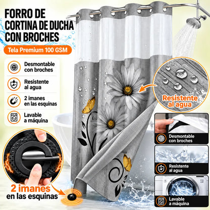 Renueva tu baño en segundos!  Cortina 2 en 1 sin ganchos, elegante y fácil de limpiar. + REGALO kit de 3 cepillos