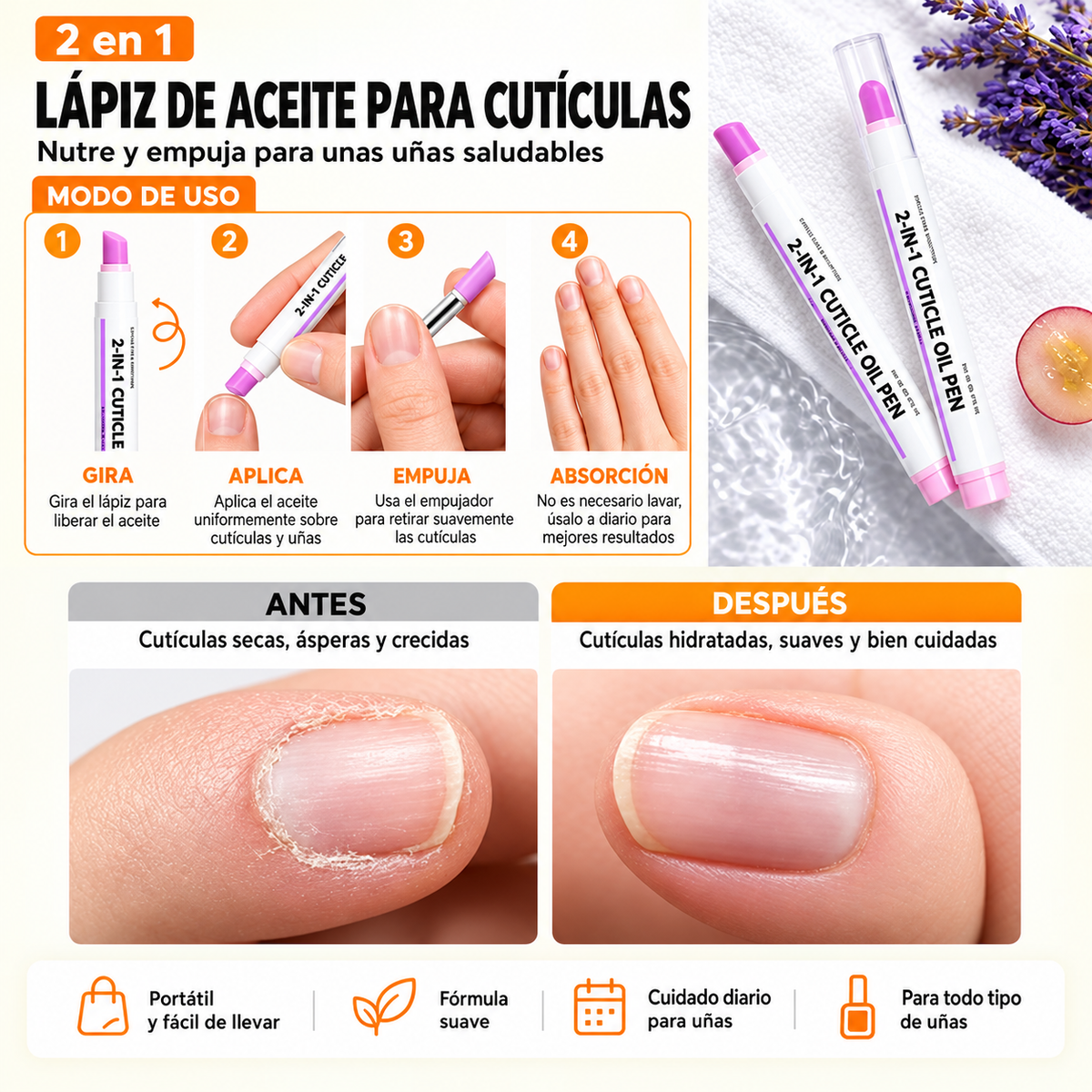 ¡Uñas bonitas y cuidadas en casa!  Kit 2 en 1: suaviza e hidrata tus cutículas para una manicura más bonita.