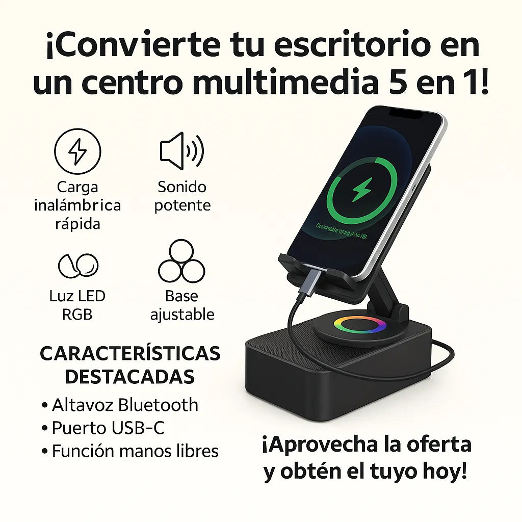 5 En 1 altavoz Bluetooth inalámbrico, estación de carga y soporte para teléfono