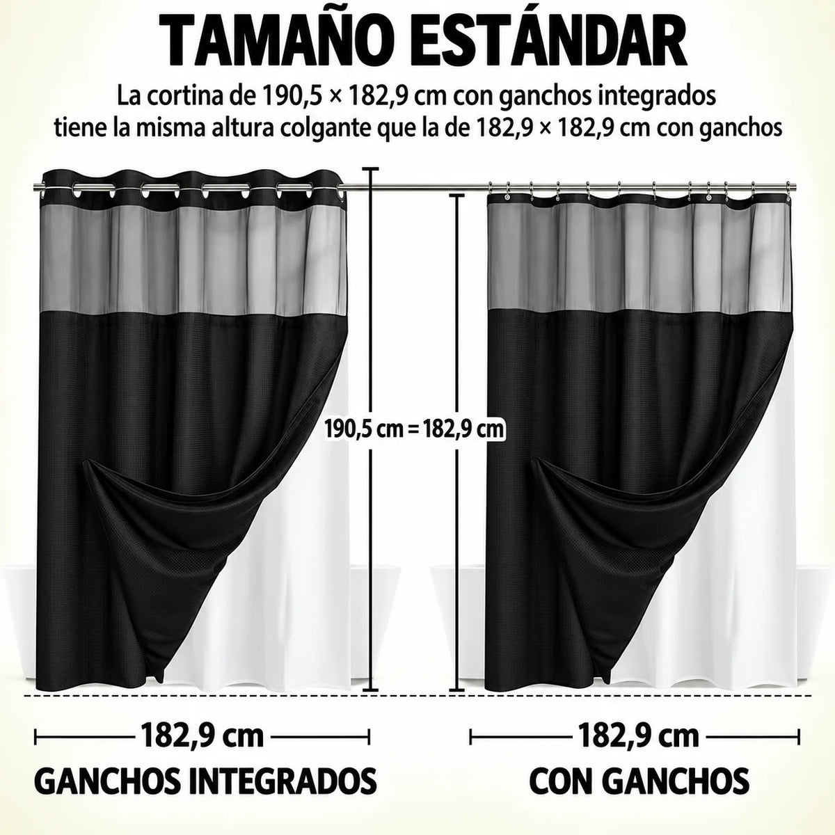 Renueva tu baño en segundos!  Cortina 2 en 1 sin ganchos, elegante y fácil de limpiar.