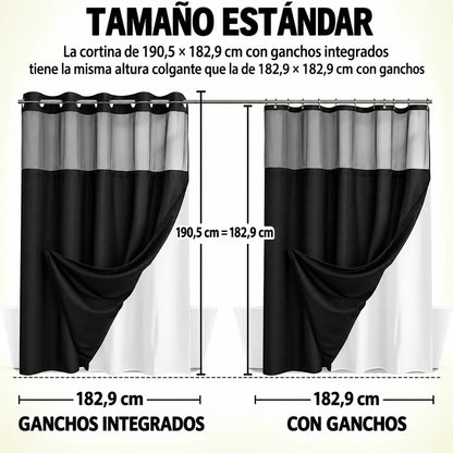 Renueva tu baño en segundos!  Cortina 2 en 1 sin ganchos, elegante y fácil de limpiar.