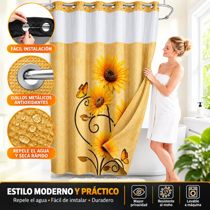 Renueva tu baño en segundos!  Cortina 2 en 1 sin ganchos, elegante y fácil de limpiar. + REGALO kit de 3 cepillos