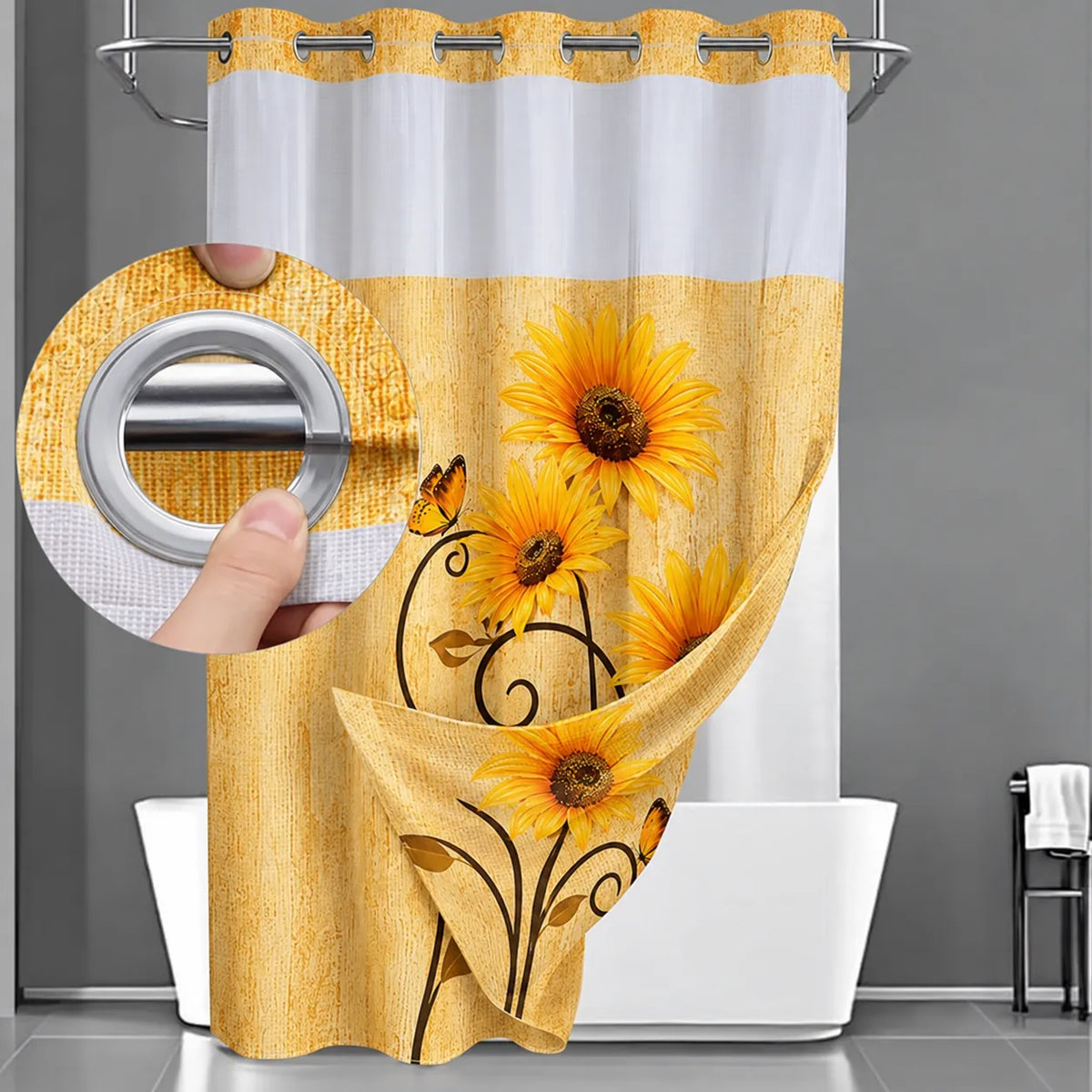 Renueva tu baño en segundos!  Cortina 2 en 1 sin ganchos, elegante y fácil de limpiar. + REGALO kit de 3 cepillos