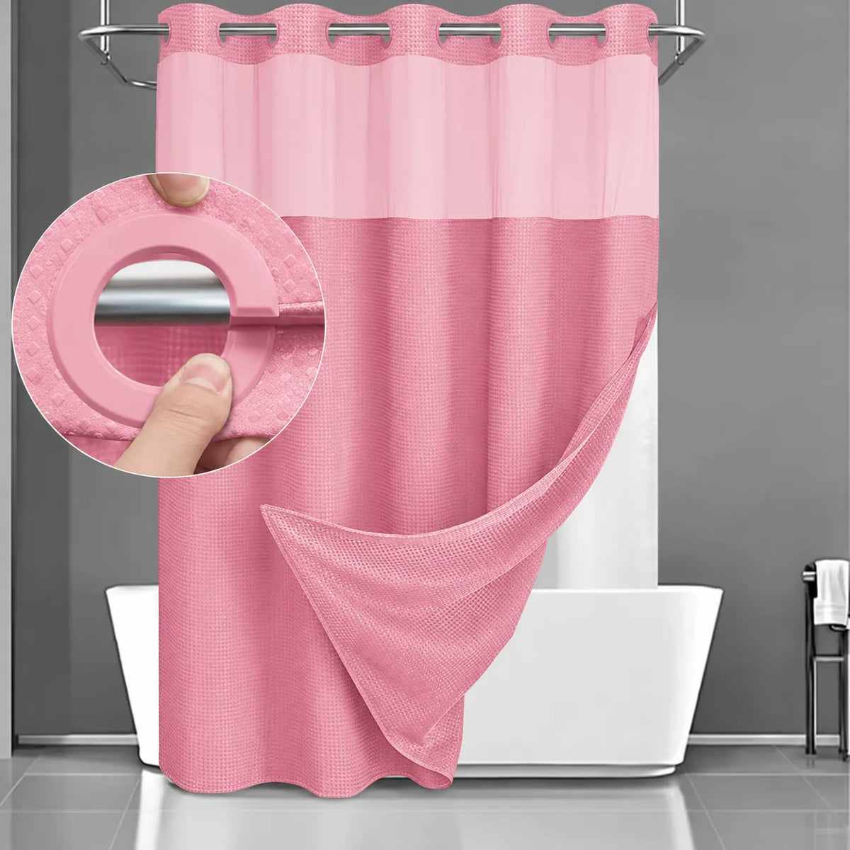 Renueva tu baño en segundos!  Cortina 2 en 1 sin ganchos, elegante y fácil de limpiar. + REGALO kit de 3 cepillos