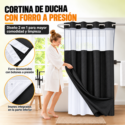 Renueva tu baño en segundos!  Cortina 2 en 1 sin ganchos, elegante y fácil de limpiar.