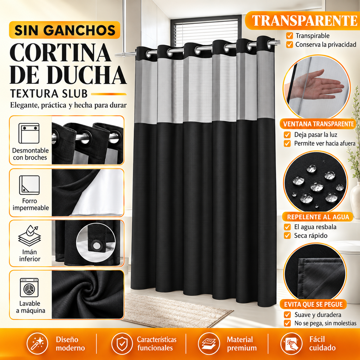 Renueva tu baño en segundos!  Cortina 2 en 1 sin ganchos, elegante y fácil de limpiar.