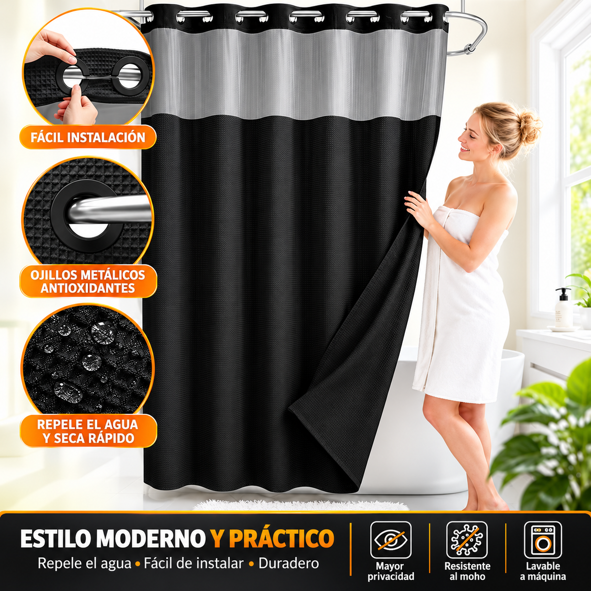 Renueva tu baño en segundos!  Cortina 2 en 1 sin ganchos, elegante y fácil de limpiar.