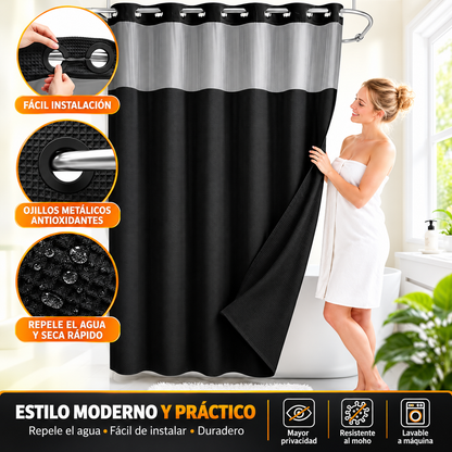 Renueva tu baño en segundos!  Cortina 2 en 1 sin ganchos, elegante y fácil de limpiar.