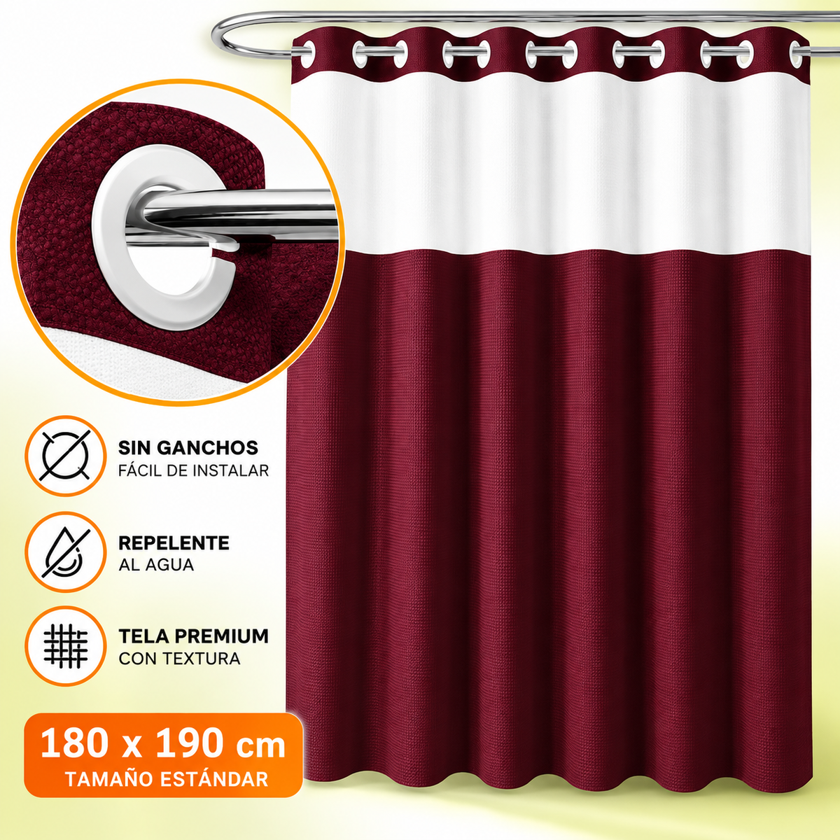 Renueva tu baño en segundos!  Cortina 2 en 1 sin ganchos, elegante y fácil de limpiar.