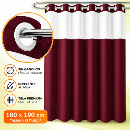 Renueva tu baño en segundos!  Cortina 2 en 1 sin ganchos, elegante y fácil de limpiar.
