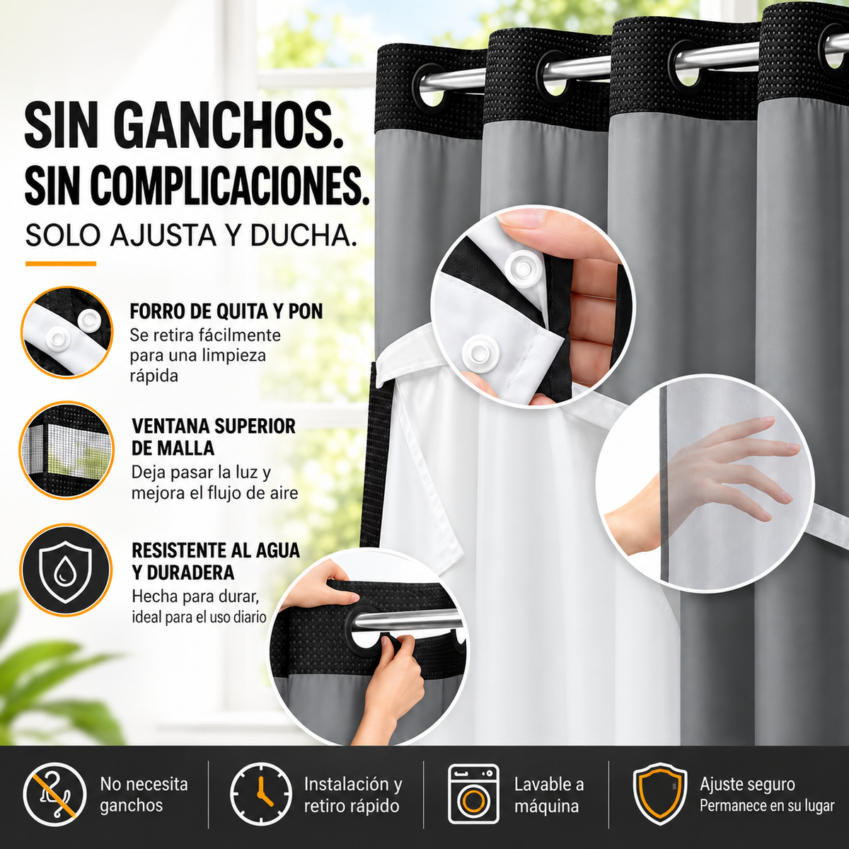 Renueva tu baño en segundos!  Cortina 2 en 1 sin ganchos, elegante y fácil de limpiar.