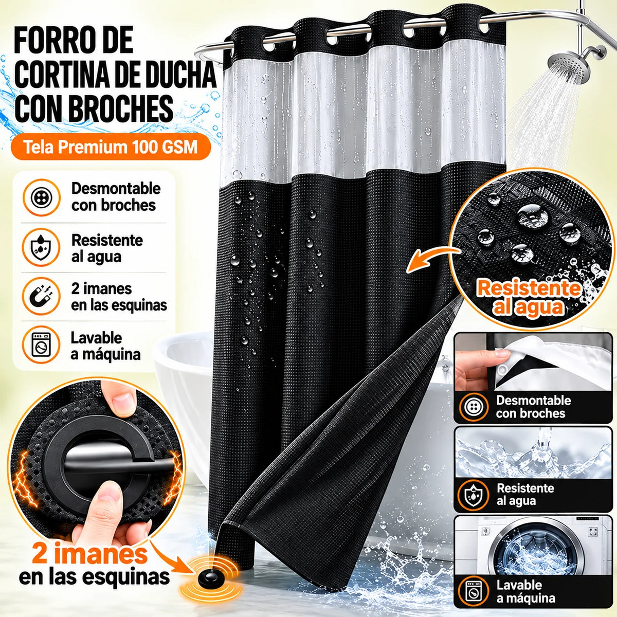 Renueva tu baño en segundos!  Cortina 2 en 1 sin ganchos, elegante y fácil de limpiar.