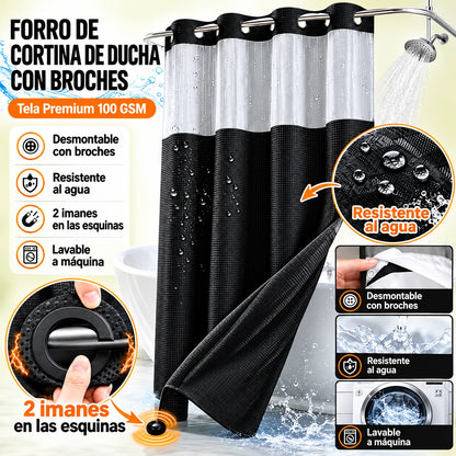 Renueva tu baño en segundos!  Cortina 2 en 1 sin ganchos, elegante y fácil de limpiar.