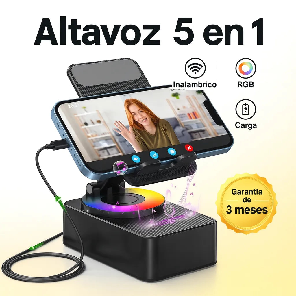 5 En 1 altavoz Bluetooth inalámbrico, estación de carga y soporte para teléfono