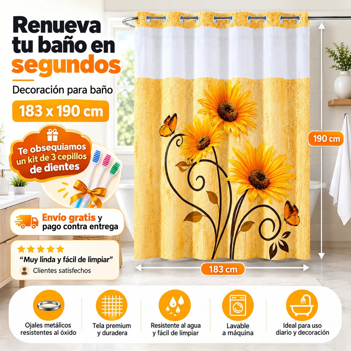 Renueva tu baño en segundos!  Cortina 2 en 1 sin ganchos, elegante y fácil de limpiar. + REGALO kit de 3 cepillos