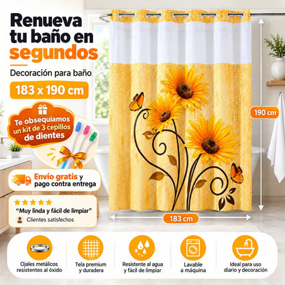 Renueva tu baño en segundos!  Cortina 2 en 1 sin ganchos, elegante y fácil de limpiar. + REGALO kit de 3 cepillos