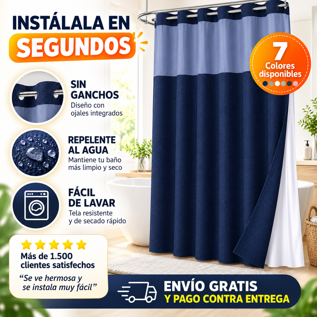 Renueva tu baño en segundos!  Cortina 2 en 1 sin ganchos, elegante y fácil de limpiar.