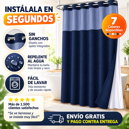 Renueva tu baño en segundos!  Cortina 2 en 1 sin ganchos, elegante y fácil de limpiar.