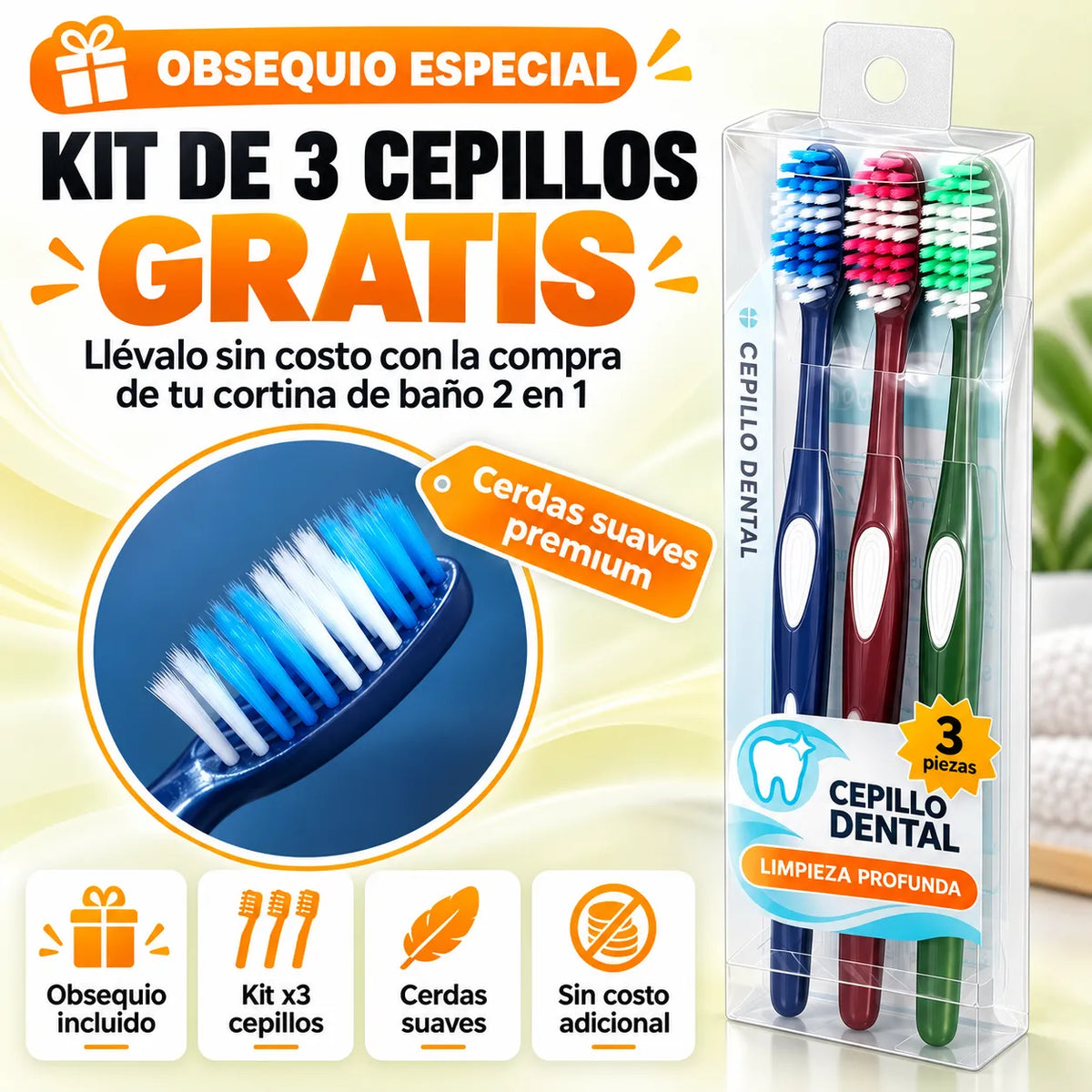 Renueva tu baño en segundos!  Cortina 2 en 1 sin ganchos, elegante y fácil de limpiar. + REGALO kit de 3 cepillos